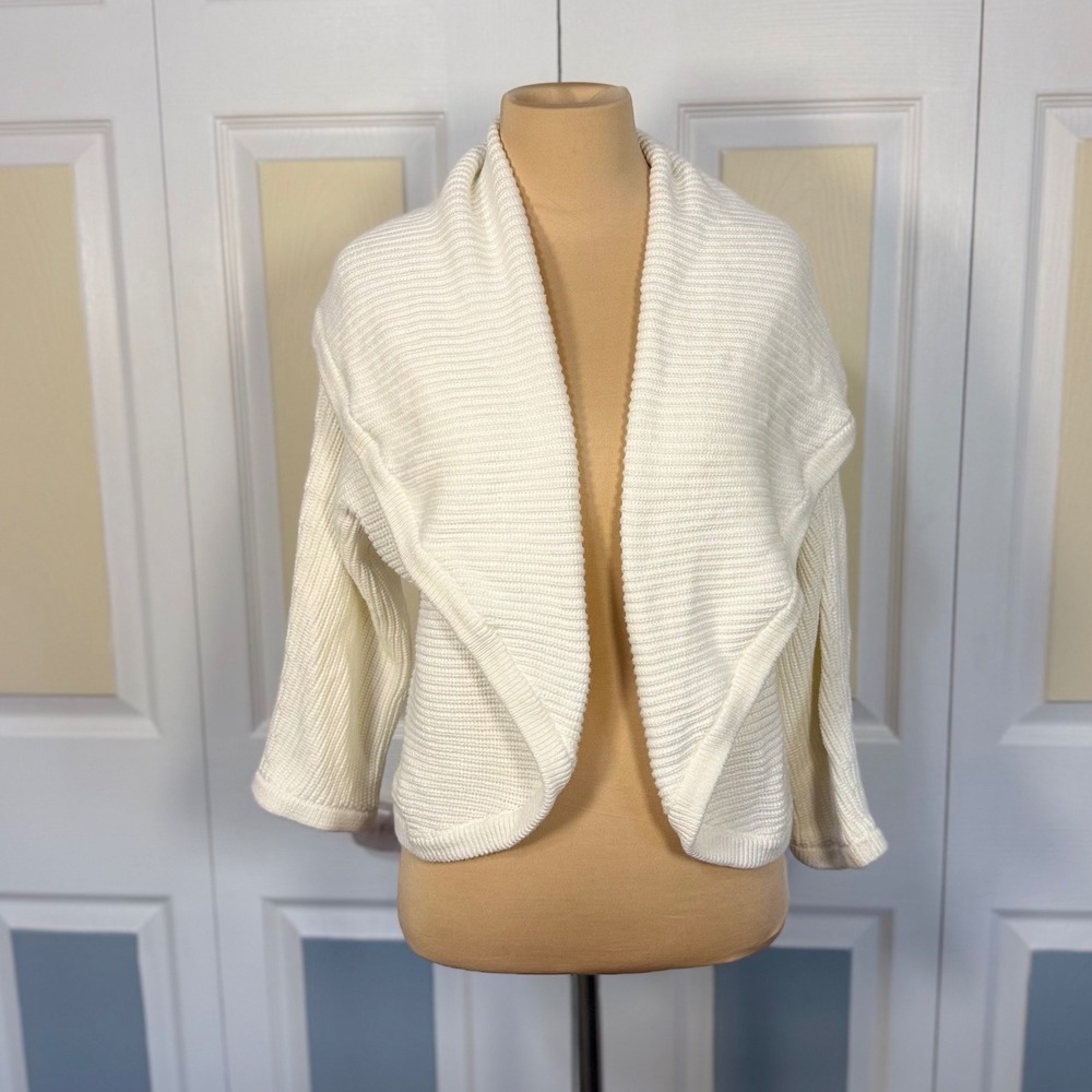 Cabi 6231 Cream Cotton Ribbed Draped Open Front Shawl Collar Cardigan Large
